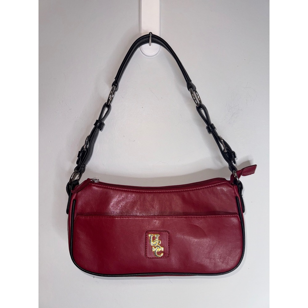 USC Trojans Vintage Y2K Red Faux Leather Shoulder Bag Black Trim Logo Baguette